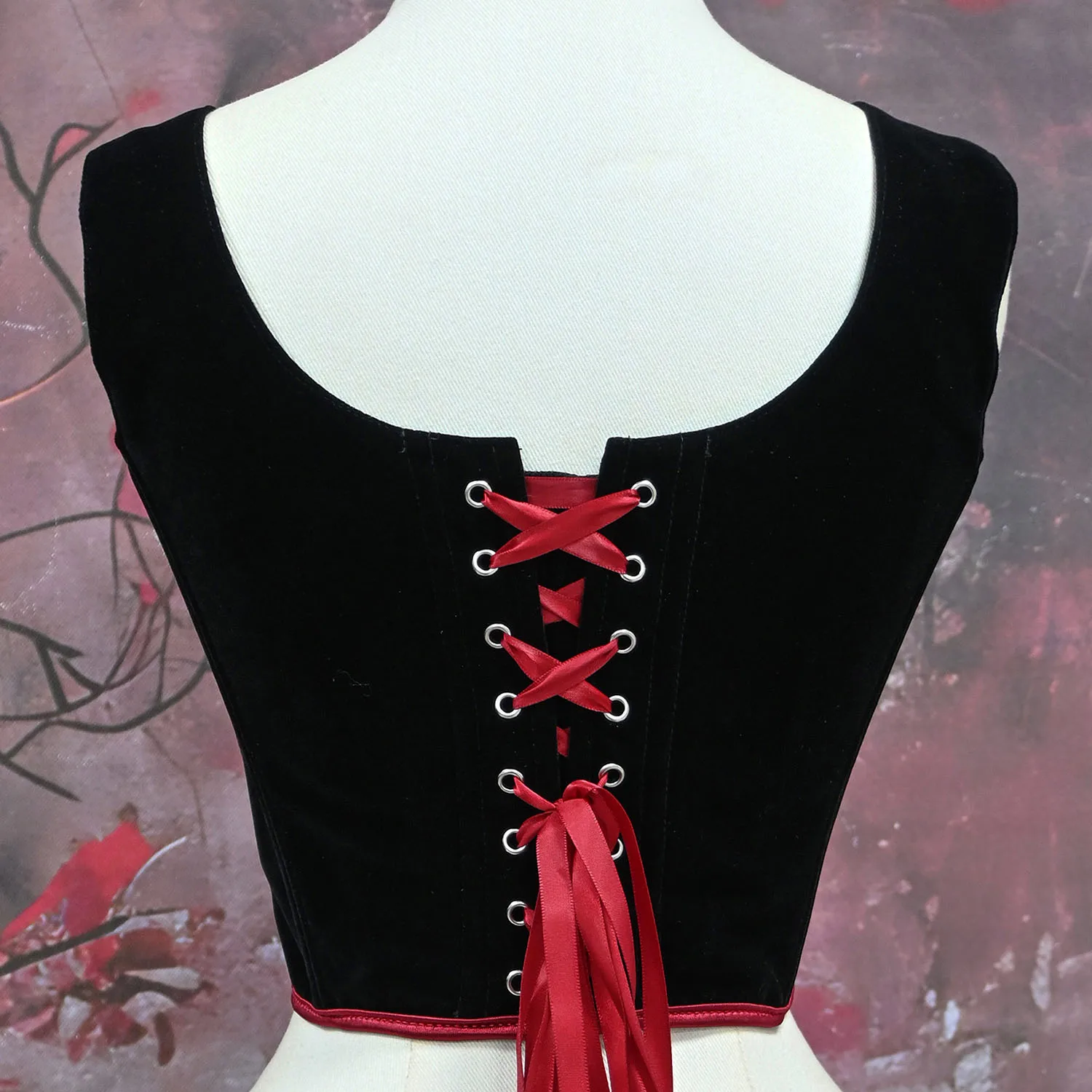 Women corset retro palace style black red edge velvet vest contrasting color strap princess suit