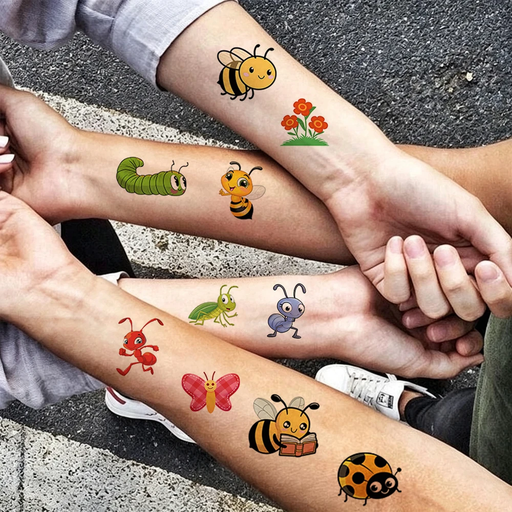 10 Sheets Insects Temporary Tattoos Bees Caterpillars Butterflies Tattoo Stickers for Women Men Cartoon Fake Tattoo Body Sticker