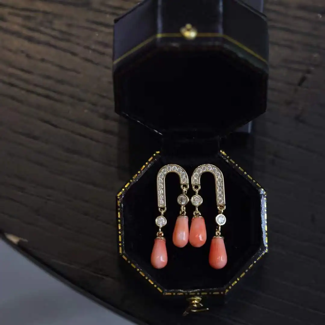 Certificated 14K Real Gold Natural Precious Pink Coral Drop Earrings For Women U-shaped Tassel Ear Dangle Hoop Fine Jewelry Gift