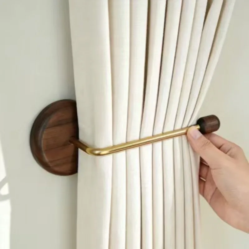 New Chinese Style Wooden Curtain Hook, No Punch Wall Mount Curtain Tieback Holder, Shower Curtain Side Fixing Buckle