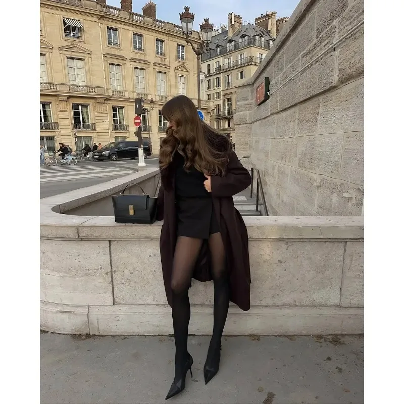 معطف نسائي أنيق بياقة من الفرو معطف صوفي أنيق بياقة على شكل حرف v وأكمام طويلة وأربطة معاطف طويلة فضفاضة للسيدات ملابس خارجية للشارع للتنقل اليومي