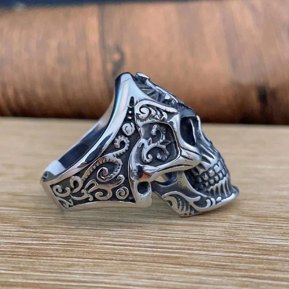 316L Stainless Steel Retro Masonic Skull Ring Men Fashion Punk Floral Pattern Letter G Ring Biker Amulet Jewelry Gift Wholesale