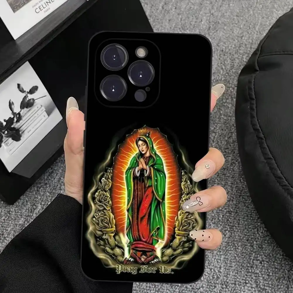 聖母マリア iPhoneケース iPhone 17、16、15、14、13、12、11、Plus、Pro Max、XS、X、XR、SE、Mini、8、7対応 ソフトシリコン製 ブラックカバー