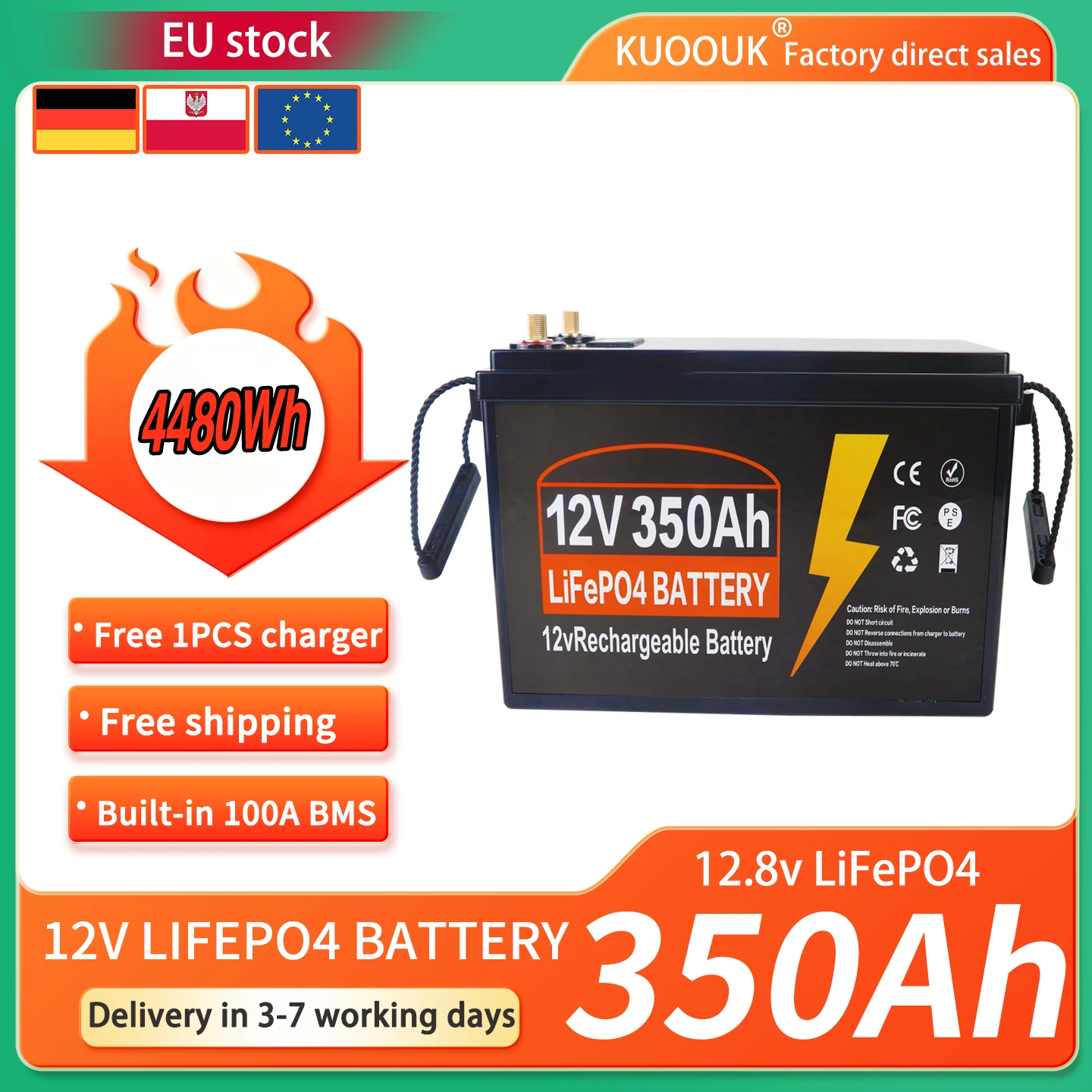 Kuoouk 12V 350Ah Built-in 100A BMS Lithium Iron Phosphate Battery Packs For RV/ Vans/ Trolling Motor/Golf Cart/Camping/EU stock