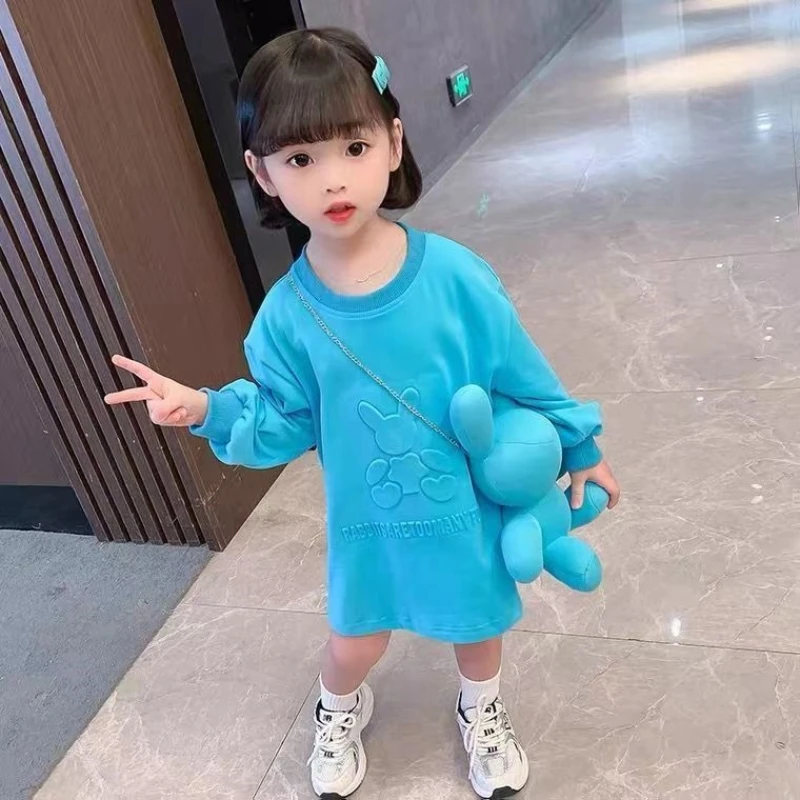 

Autumn New Children's Fashion Shoulder Bag Dress Girls' Long Sleeve T-shirt Dress Mid Length Preschool Straight Loose Fit Dress