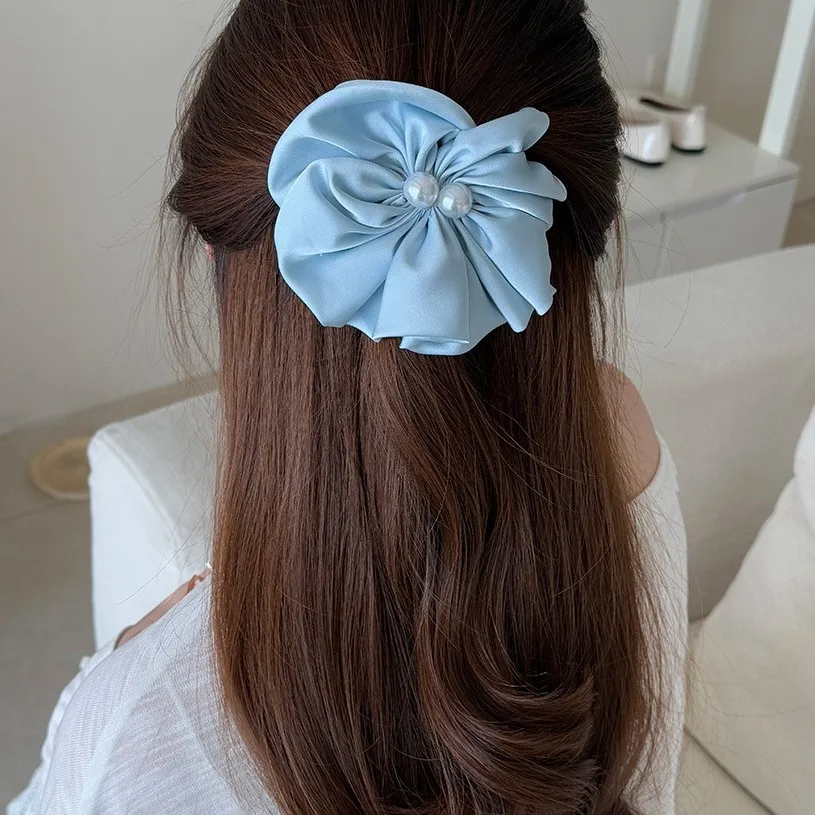 

Satin Flower Hair Clip Pearl Ruffle Korean Girly Sweet Half Up Ponytail Alligator Clamp High Quality for Daily Office