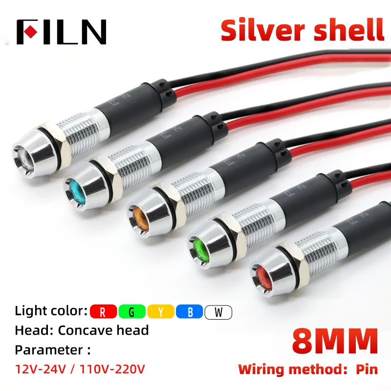FILN 8mm 12V 24V 110V 220V Metall-LED-Pilotanzeige, Signal- und Warnleuchte mit 20cm Kabel, Chrom-Finish für Auto, Boot, Marine – Detail 13