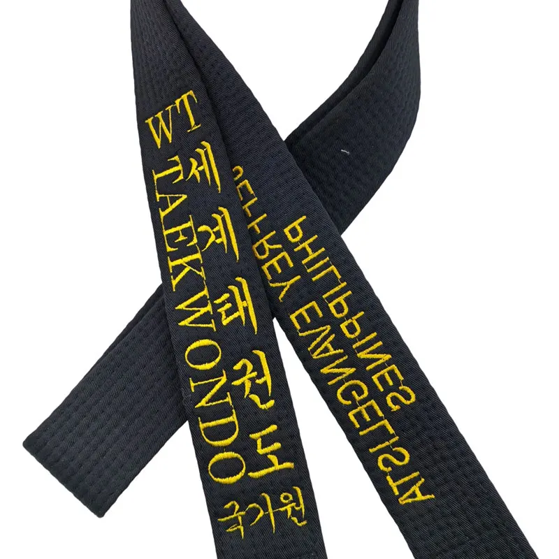 World Taekwondo English Korean Black Belt Embroidered Width 5cm Sports Club Adult Polyester Cotton Belt Customized Name Dan Flag