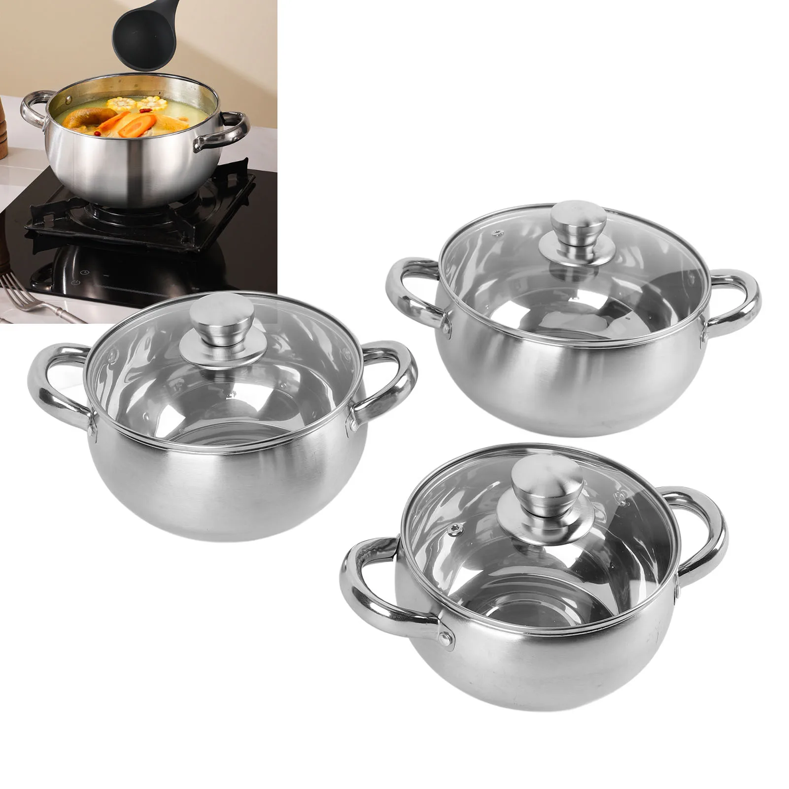 

3Pcs Soup Pot Set Stainless Steel Thick Bottom Anti Stick Cooking Pots with Anti Scald Handle Lids Kitchenware For Kitchen