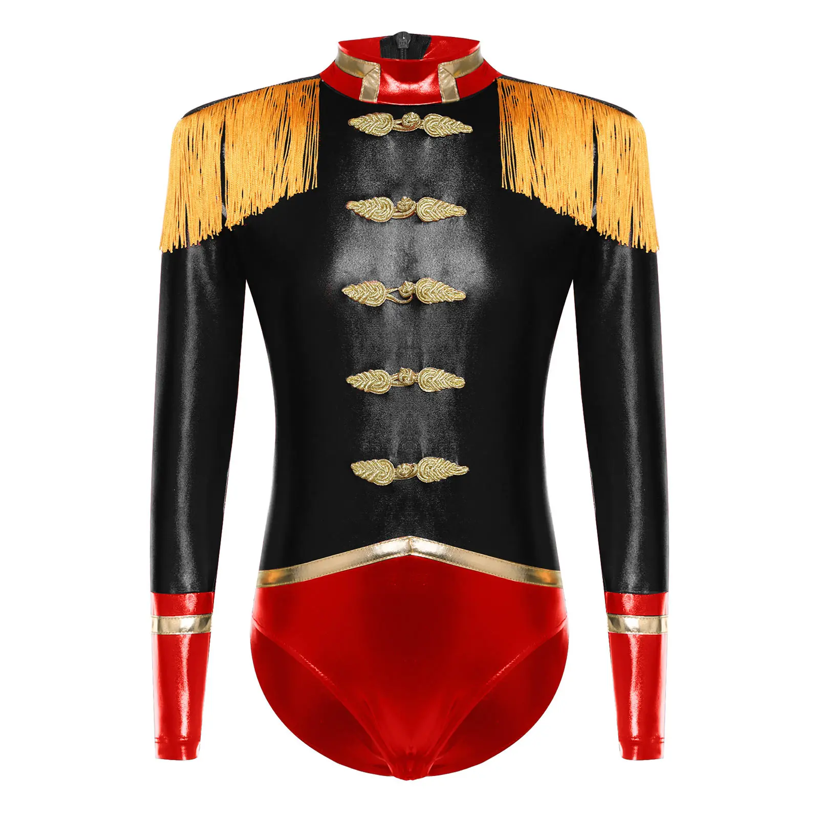 

Shiny Circus Bodysuit – Long Sleeve Ringmaster Roleplay Leotard with Contrast Buttons & Tassels for Halloween, Party