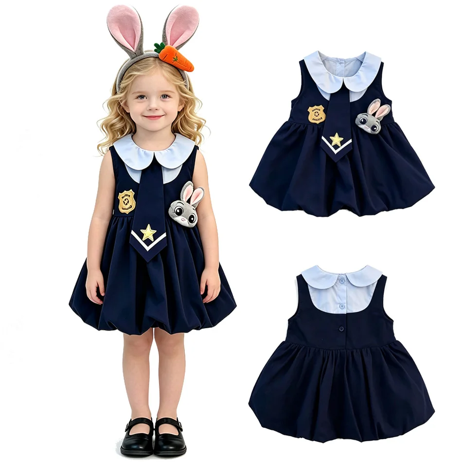 Vestido Azul Marino para Niña, Lindo Vestido con Lazo y Adorno de Conejo, Estilo Academia, Vestido Abullonado, Disfraz Infantil para Sesión de Fotos Navideña