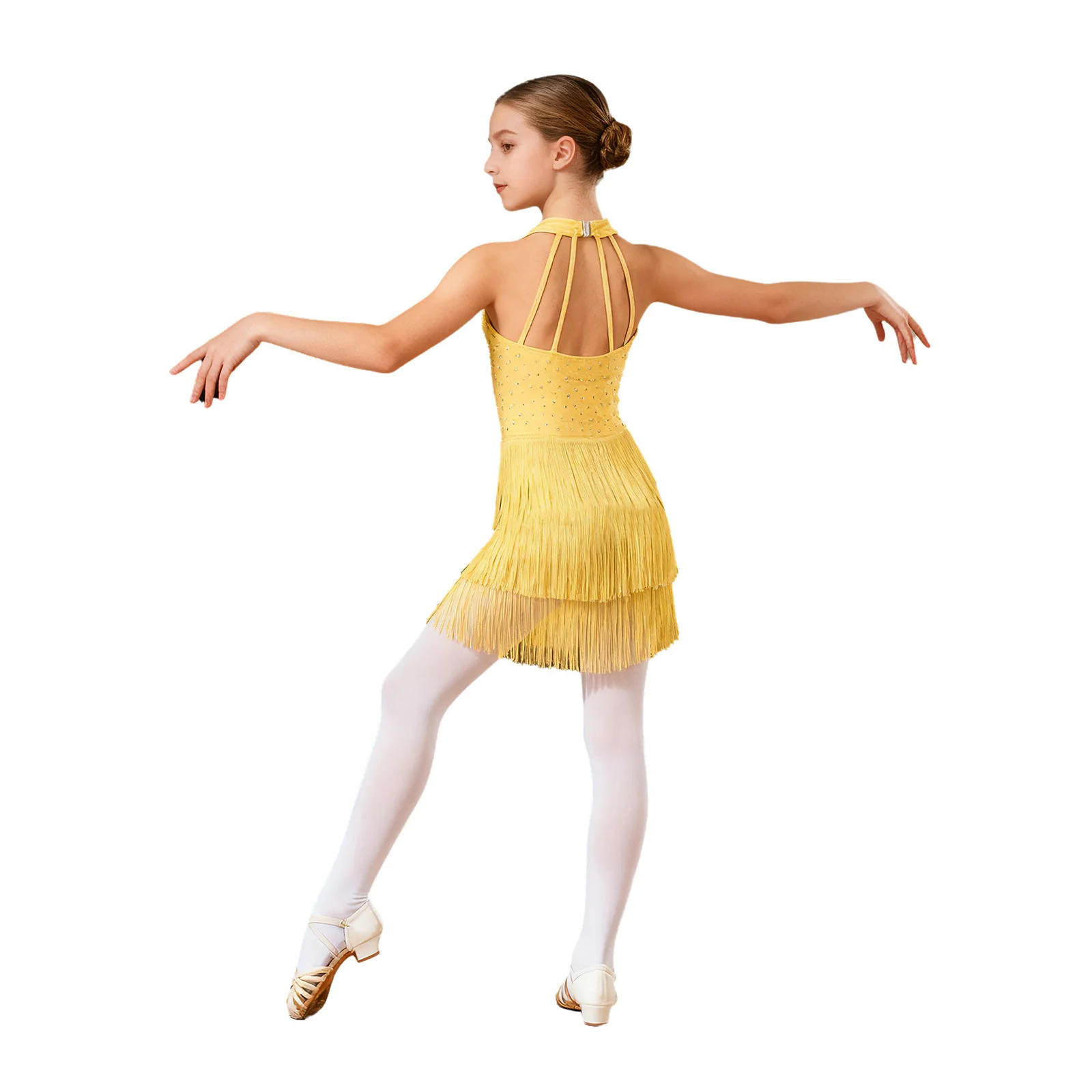 Kids Girls Latin Jazz Dance Leotard Shiny Rhinestones Halter Sleeveless Fringed Dress Ballroom Tango Cha-cha Samba Dancewear - view 2