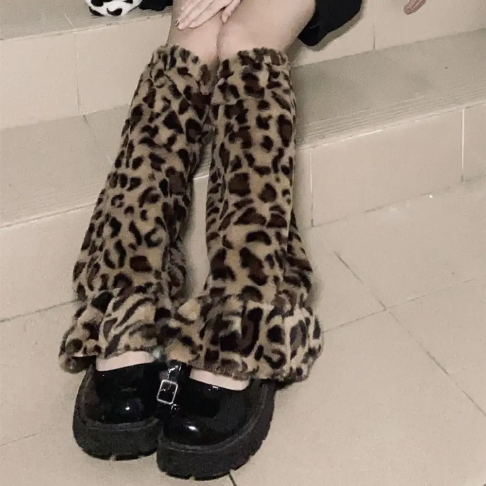 Ocieplacze na nogi w stylu vintage z panterką, w kropki, w paski, plisowane, pluszowe, Y2K Lolita JK, futrzane ocieplacze na nogi, akcesoria