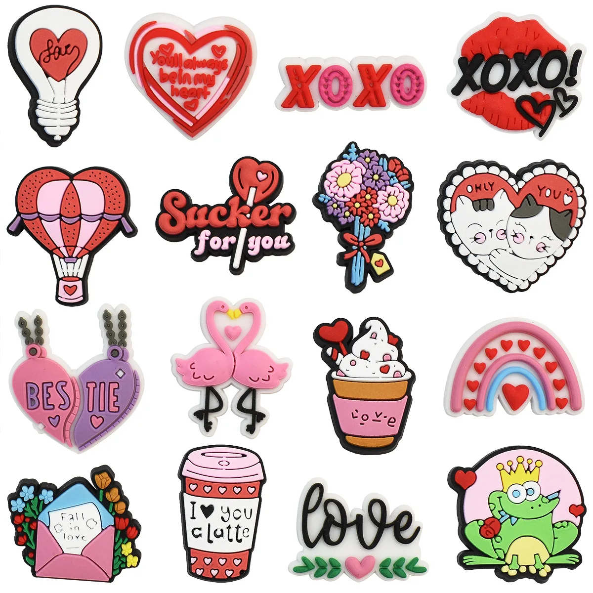 

16pcs/cover Hot selling items New Valentine's Day series Charms Shoe Accessories Decorations Fit Wristband Croc Jibz Charm Par