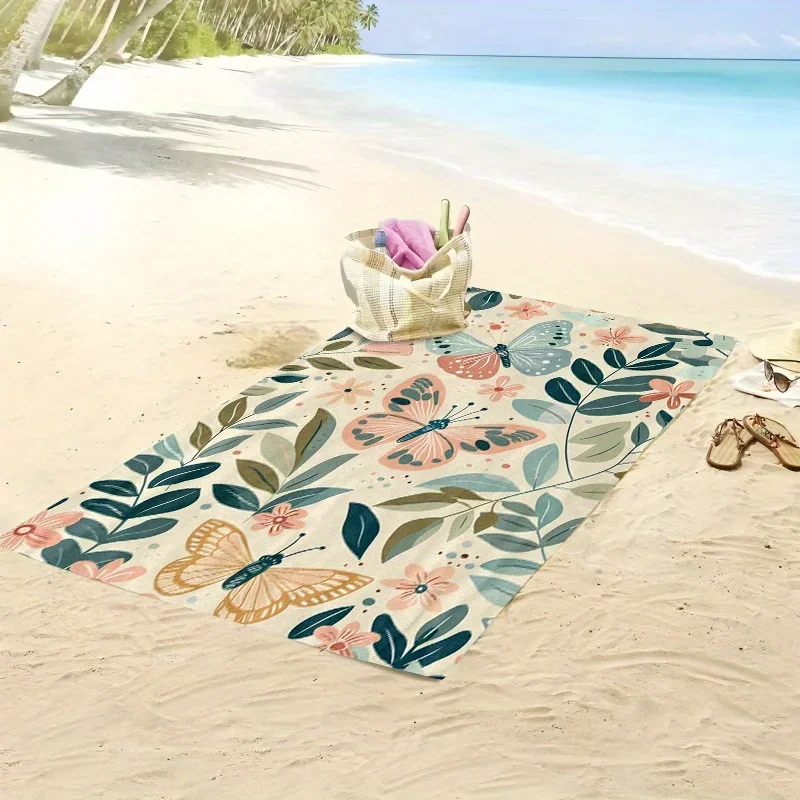 Butterfly Beach Towel, Floral Print, Quick Dry Microfiber, Oversized for Beach, Pool, Travel, Gift for Her, Spring Design