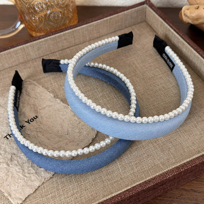 Retro Denim Blue Pearl Double Layer Headband Girl Exquisite Hair Hoop Womans Temperament Hair Band Lady Fashion Hair Accessories