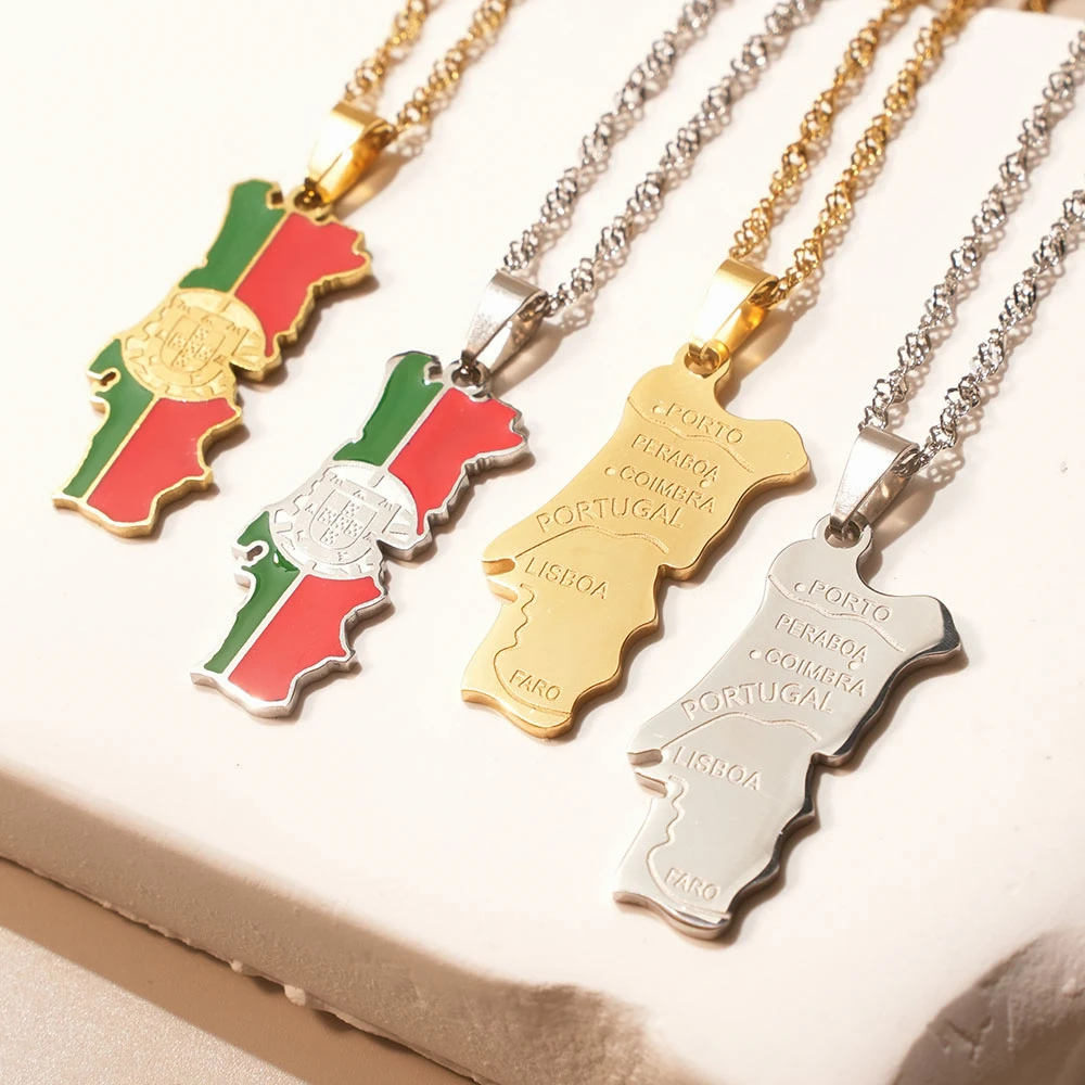 Fashion Portuguesa Map Flag Pendant Necklace Stainless Steel Men Women Portugal Maps Jewelry Gift