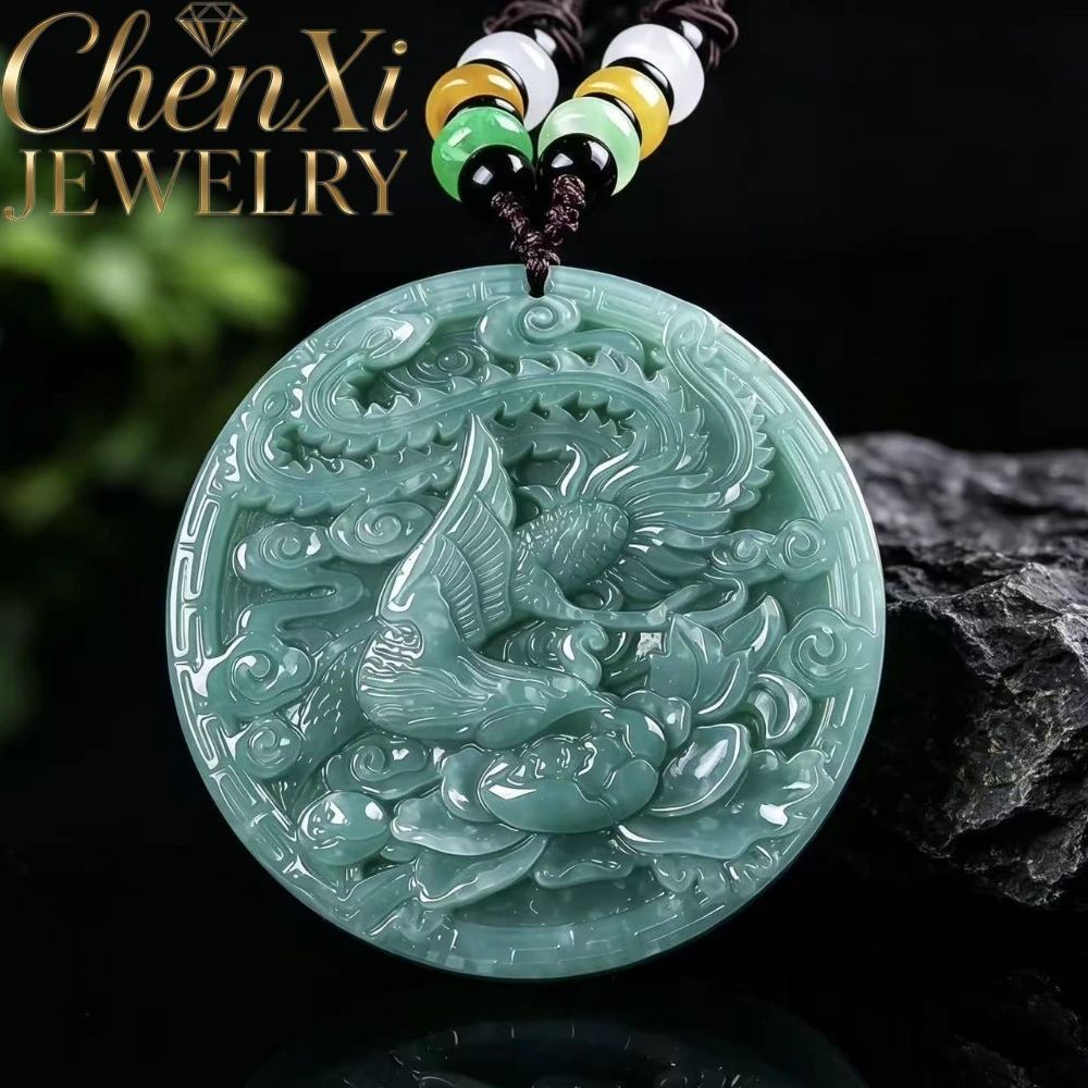 Ice Waxy A-Grade Burmese Jadeite Artistic Dragon Phoenix Tablet Carving Design Stylish Jade Pendant Exquisite Present Selection