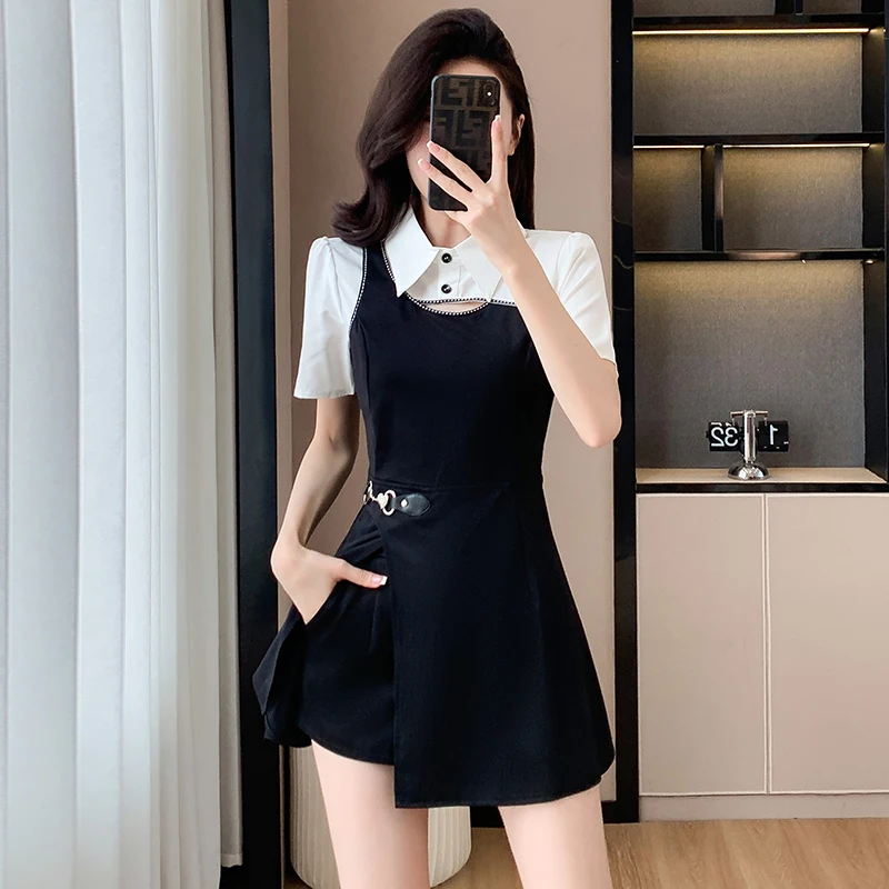 

Summer 2024 Women Temperament Fashion Set Design Polo Collar Patchwork Dress and Shorts Two-Pieces Set OL Outfits