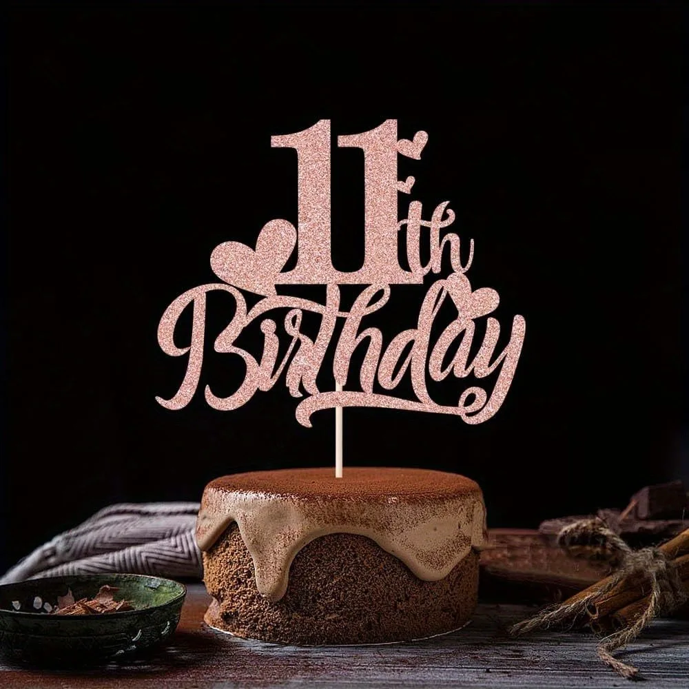 Roségoldener Tortenaufsatz zum 11. Geburtstag – glitzernde Roségold-Kuchendekoration zum 11. Geburtstag, eleganter Tortenaufsatz zum Kindergeburtstag – Detail 5
