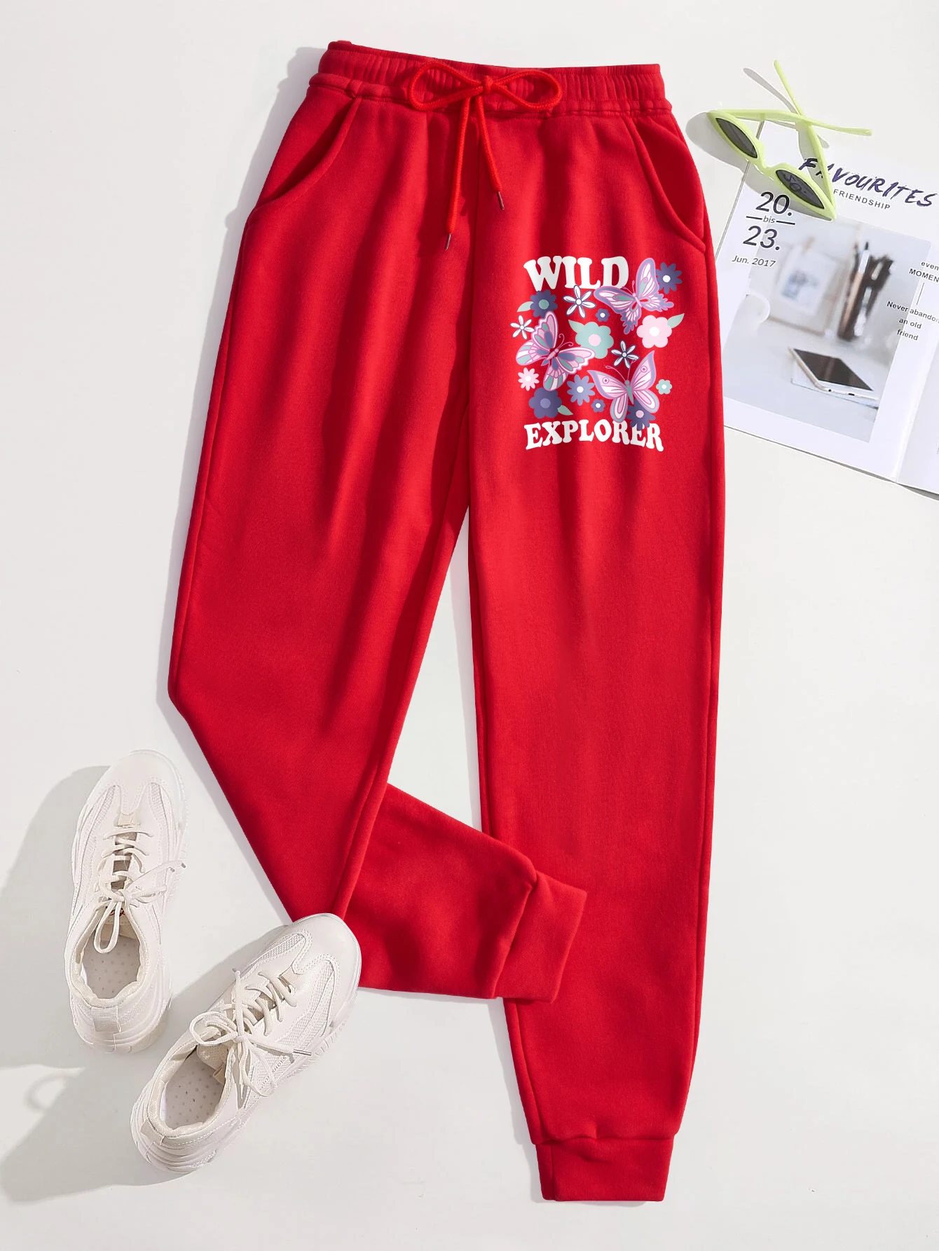 

Wild Explorer Flowers Butterfly Printing Womens Loose Sweatpants Y2K Pocket Fashion Trousers Trendy Street Comfy Pant Female