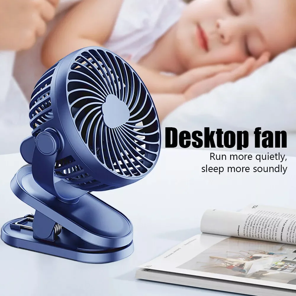 Portable 360° Min Fan Travel USB Rechargeable Clip On Desk Car Cooling Fan Blue