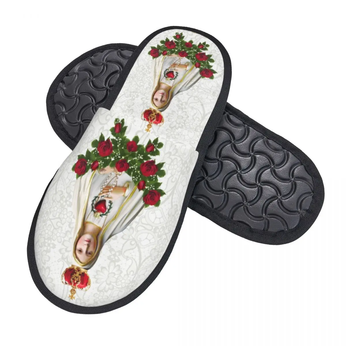 Custom Our Lady Of Fatima Virgin Mary House Slippers  Comfy Memory Foam Portugal Rosary Catholic Slip On Bedroom Slipper Shoes