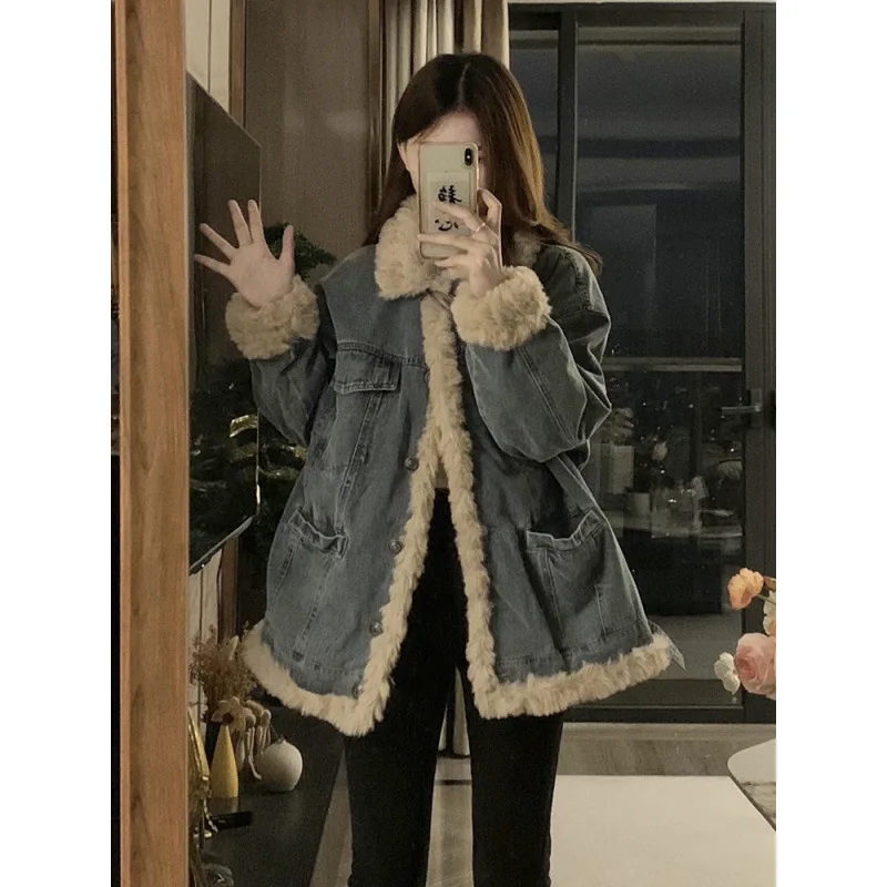 Women's Denim Jacket with Faux Fur Lining Warm Winter Thickened Coat Ropa Mujer