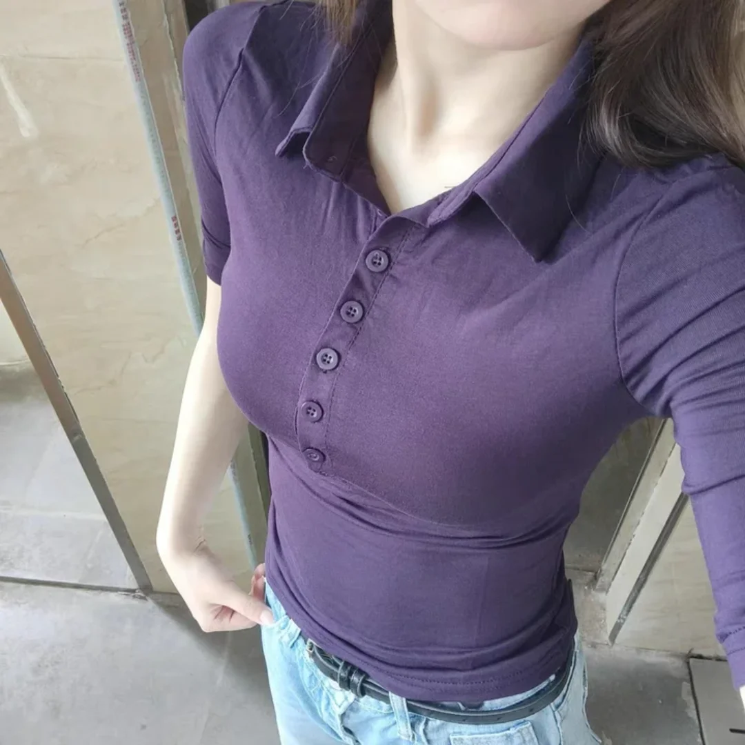 

American style spicy girl slim fit waist exposed solid color women's polo shirt summer spicy girl commuting street casual top