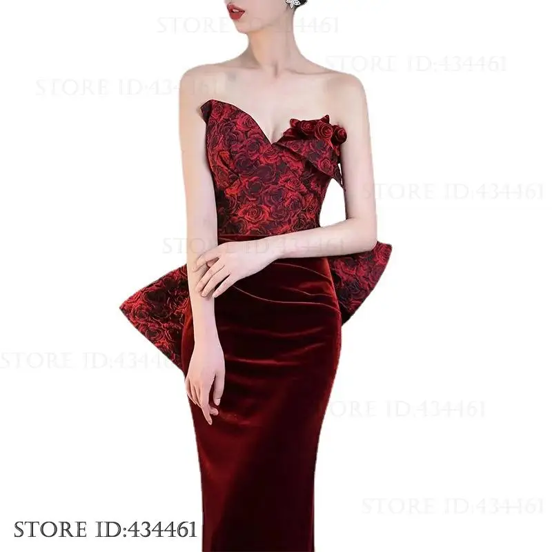Braut Hochzeit Party Kleid Toast Kleidung Luxus Vintage Print Blume Samt Abend Party Kleid Sexy Trägerlosen Meerjungfrau Kleid