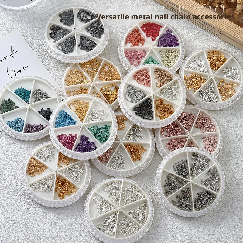YYM Punk Metal Chain Nail Charms Kit 3D Bead Chain Nail Art Decorations 6 Grids Set DIY Manicure Accessories For Nail Salon