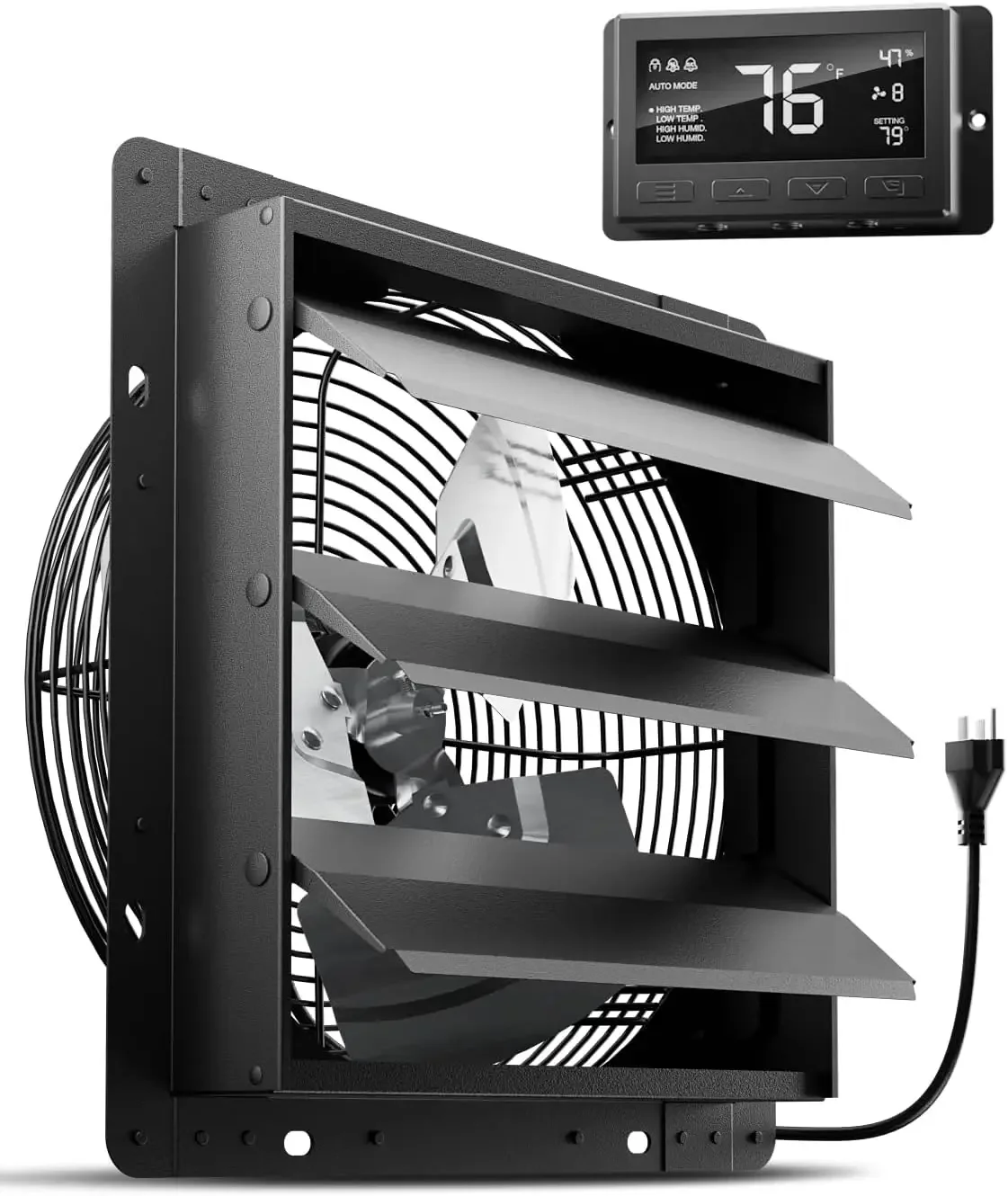 12 Inch Attic Fan with Thermostat, 971 CFM Shutter Exhaust Fan with Smart Temperature Humidity Controller, Wall Mounted