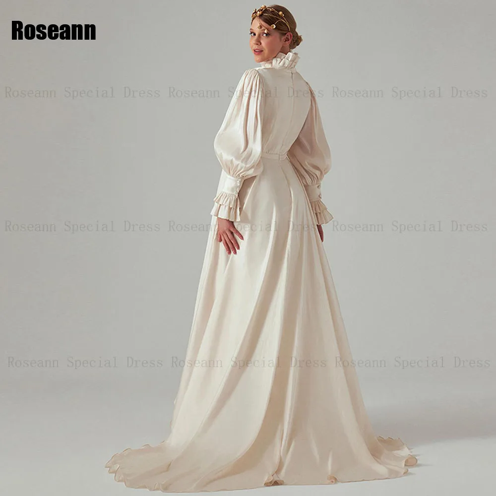 Robe de Mariée en Satin, Col Haut, Ligne A, Drapée, Plissée, Fleurs, Traîne à Brosses, Longueur au Sol, Mode Musulmane