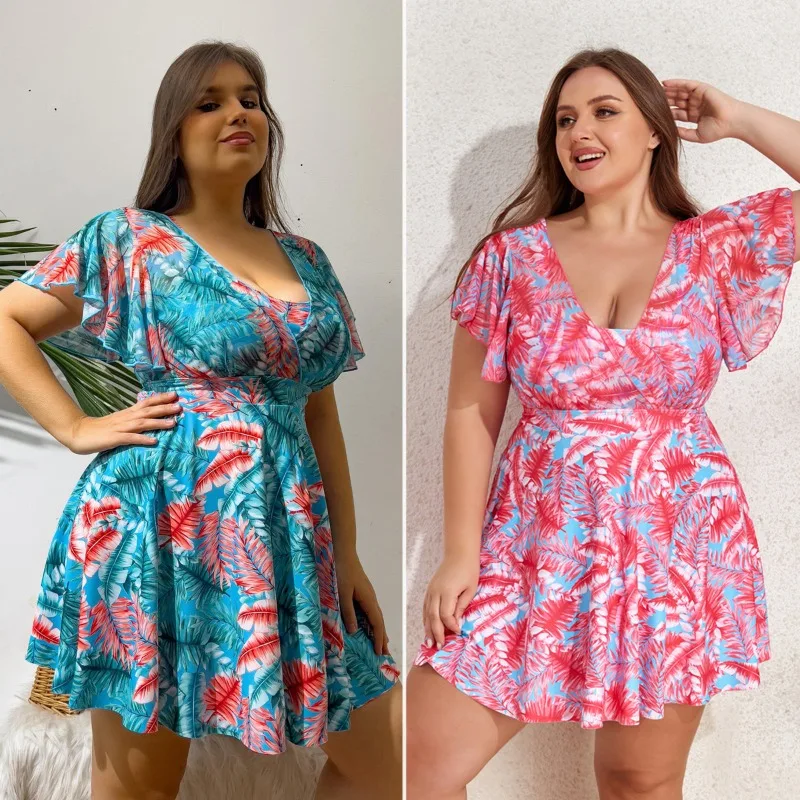 

Plus Size Women's Digital Print Tankini Dress Set - High Neck Modest Swimwear with Adjustable Straps