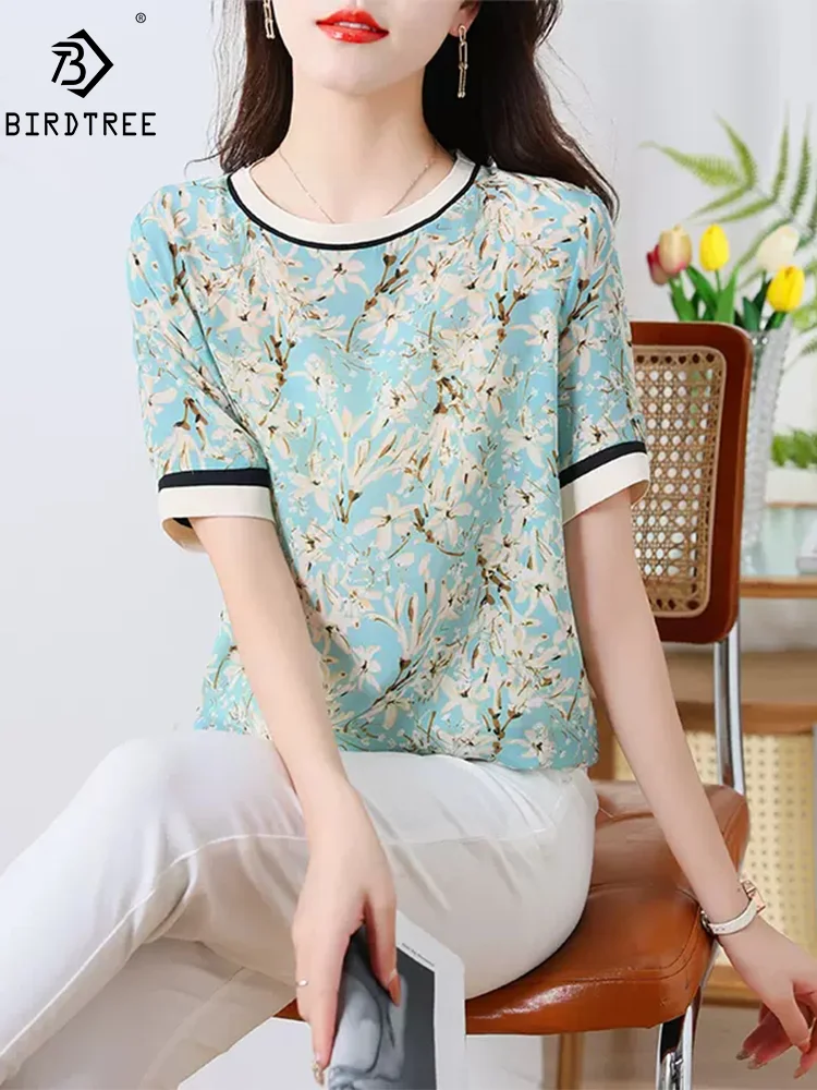 

Birdtree, 100%Natural Silk Woman Short Sleeve T-Shirt, Printing Flower Loose Tees, Elegant Mom Summer Autumn 2024 Top T46566QM