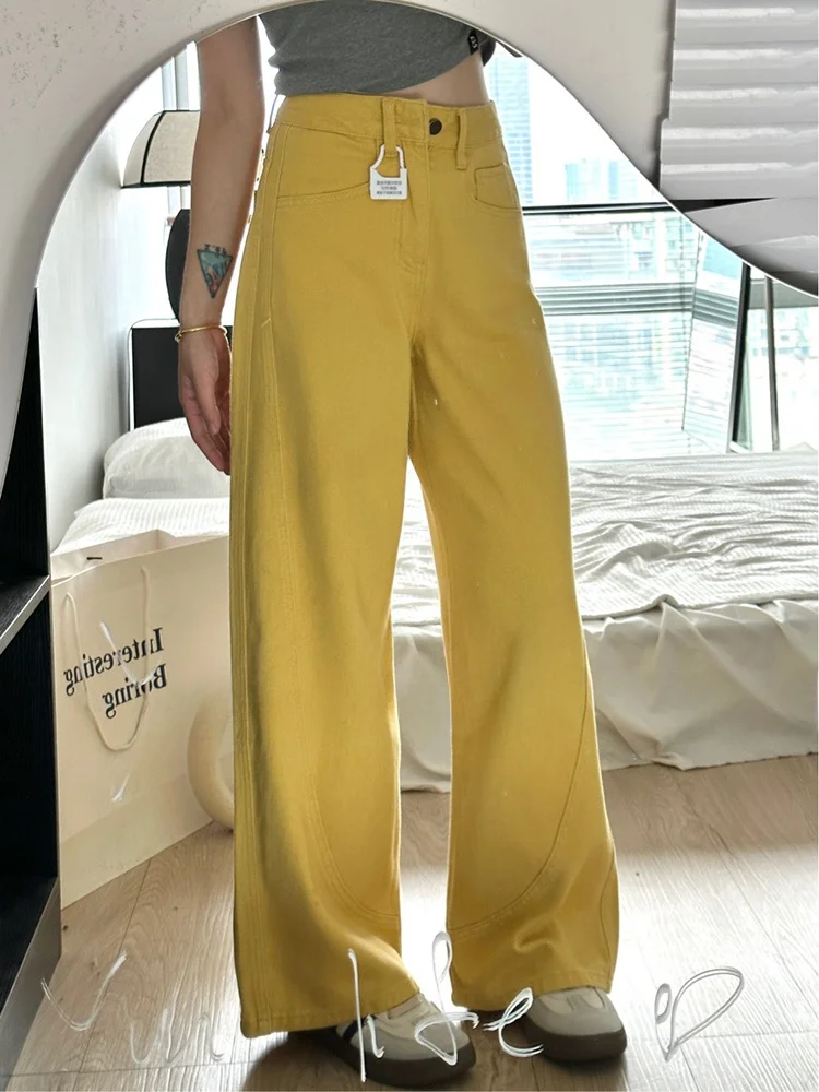 

Джинсы женские с высокой талией, прямые, широкие, весна-осень 2024, новые, свободного кроя, стройнящие, желтые, с расклешенными манжетами, деним