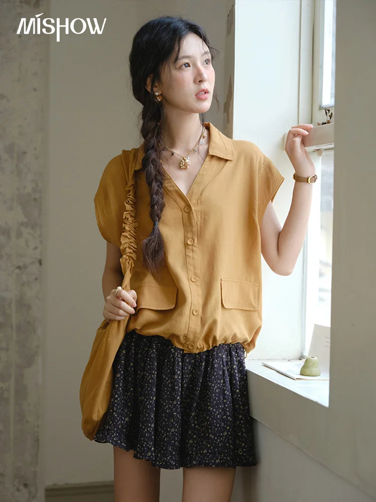 

MISHOW 2 Pieces Set Woman Fashion V-neck Button Yellow Shirt+Floral High Waist Black Short Skirt Set Ladies Clothing MXE37T0655
