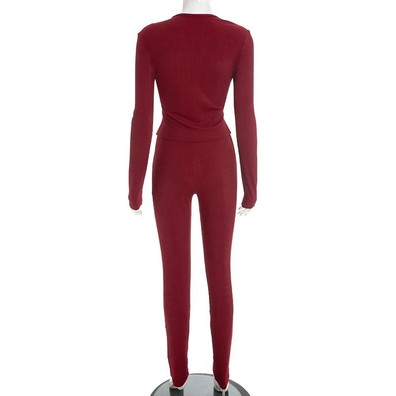 Womdn – ensemble 2 pièces côtelé solide, col en V incliné, T-shirts à manches longues + pantalon crayon taille haute, Slim, costumes Streetwear décontractés