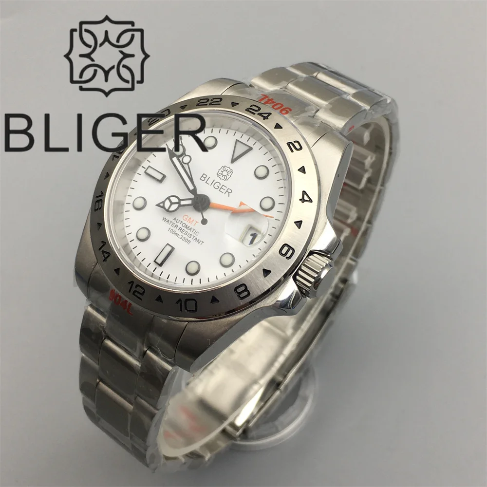 BLIGER 40mm/43mm Men\'s Watch NH34 Automatic Movement stainless Silver case GMT Watch Hand Sapphire Glass black digital Bezel