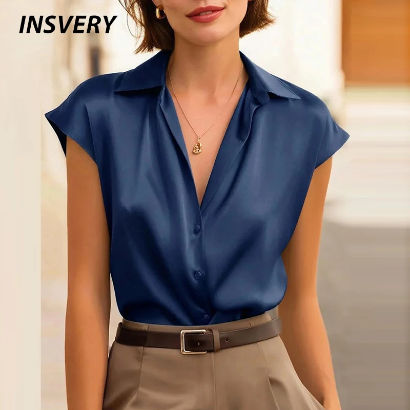 Summer Silk Shirt Women Elegant New Style Short Sleeve T-Shirts Women Fashion Button Blouse Women Solid Shirt Office Lady Tops