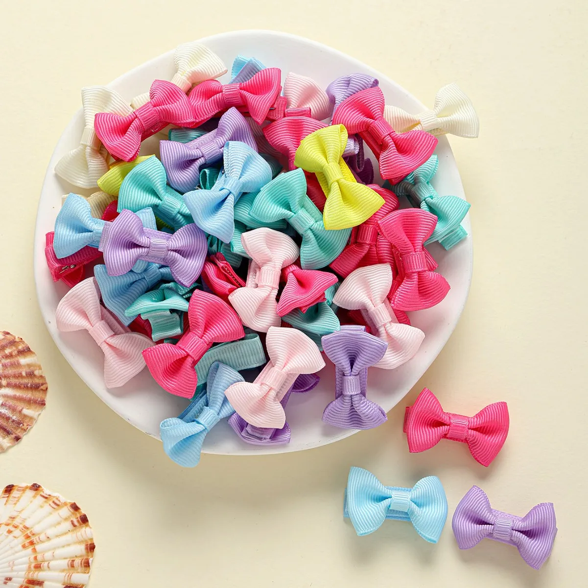 

50pcs Baby Thumb Hair Ties Cute Ribbon Bow Hair Clip Set Candy Color Bow Elastic Hair Bands Ponytail Holders Small Bows barrette