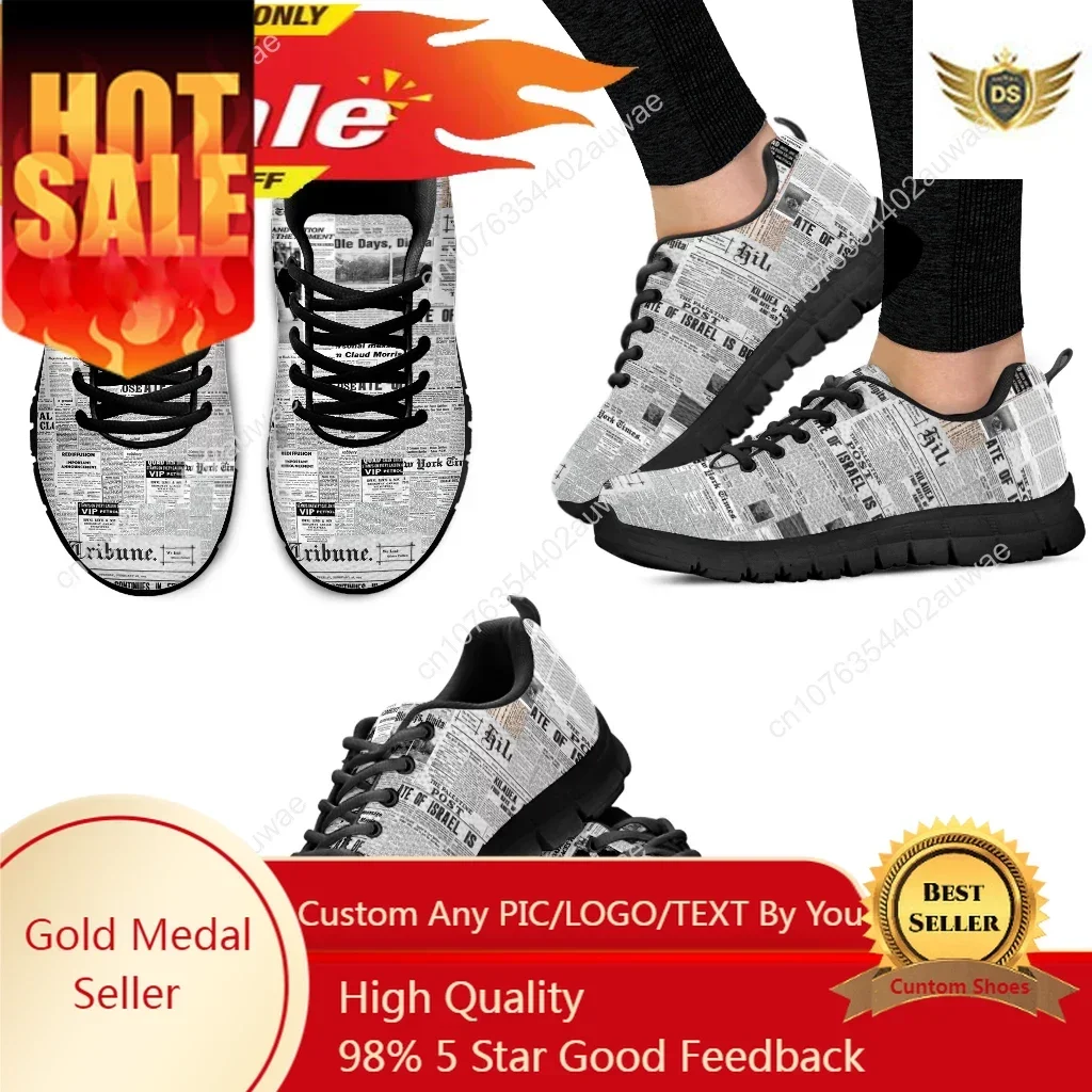 Vintage Newspaper Printing Lace Up Casual Sneaker For Women Fashion Light Walk Flat Shoe Breathable Mesh Footwear