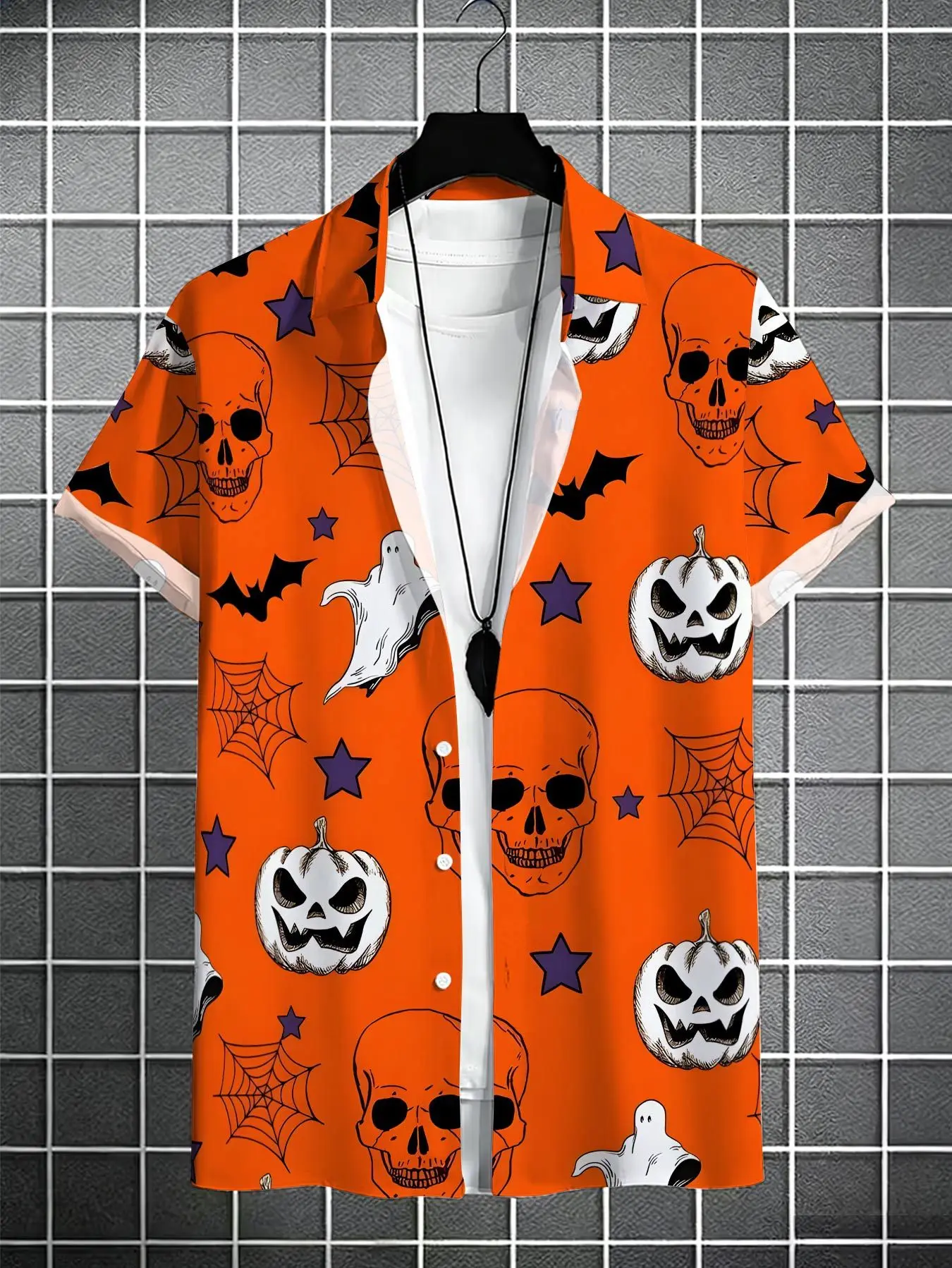 Men Halloween Skull Pumpkin Ghost Print Short Sleeve Shirt Lapel Collar Holiday Party Casual Tops
