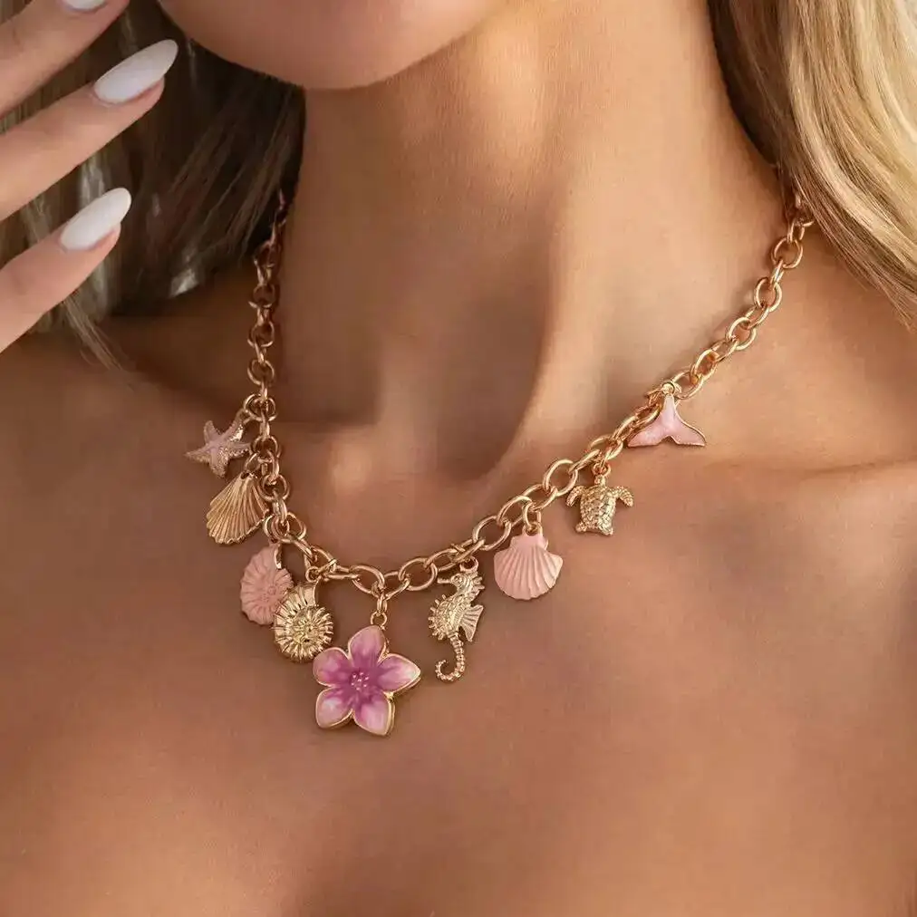 SHIXIN Boho Starfish Scallop Seahorse Flower Pendant Necklace Women Trend Elegant Clavicle Chain Aesthetic Wedding Party Jewelry