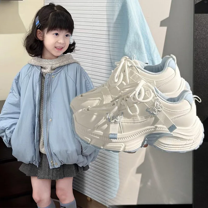 2026 Fashion White and Blue Butterfly Children's Sports Shoes Winter New Comfortable Lightweight Casual Shoes