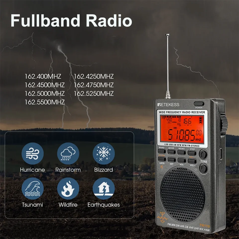 RETEKESS TR110 Fullband Radio SSB Shortwave Radios AM FM All Waves CB AIR Band Ham Radio NOAA SW MW LSB VHF UHF for Outdoor