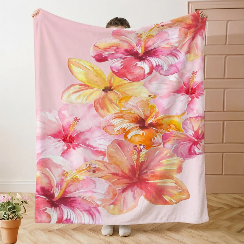 Watercolor Hibiscus Tropical Fleece Blanket For Vibrant Bedroom Decor Soft Warm Throw Blanket Wrap