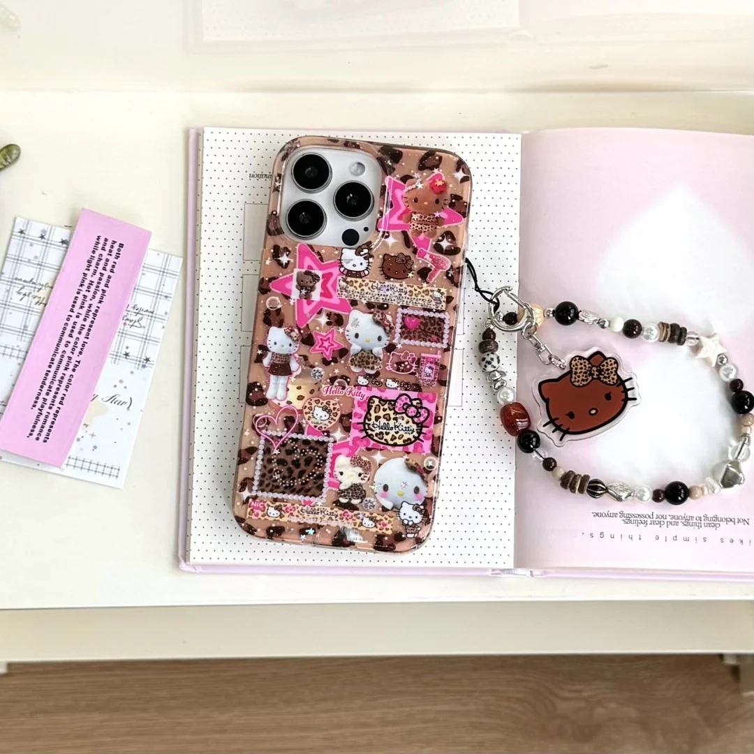 

Cool lovely Y2K Stars Leopard print Hello Kitty phone chain Case For iphone 16 15 14 13 12Mini Pro XSMax Silicone Soft Cover﻿﻿﻿﻿