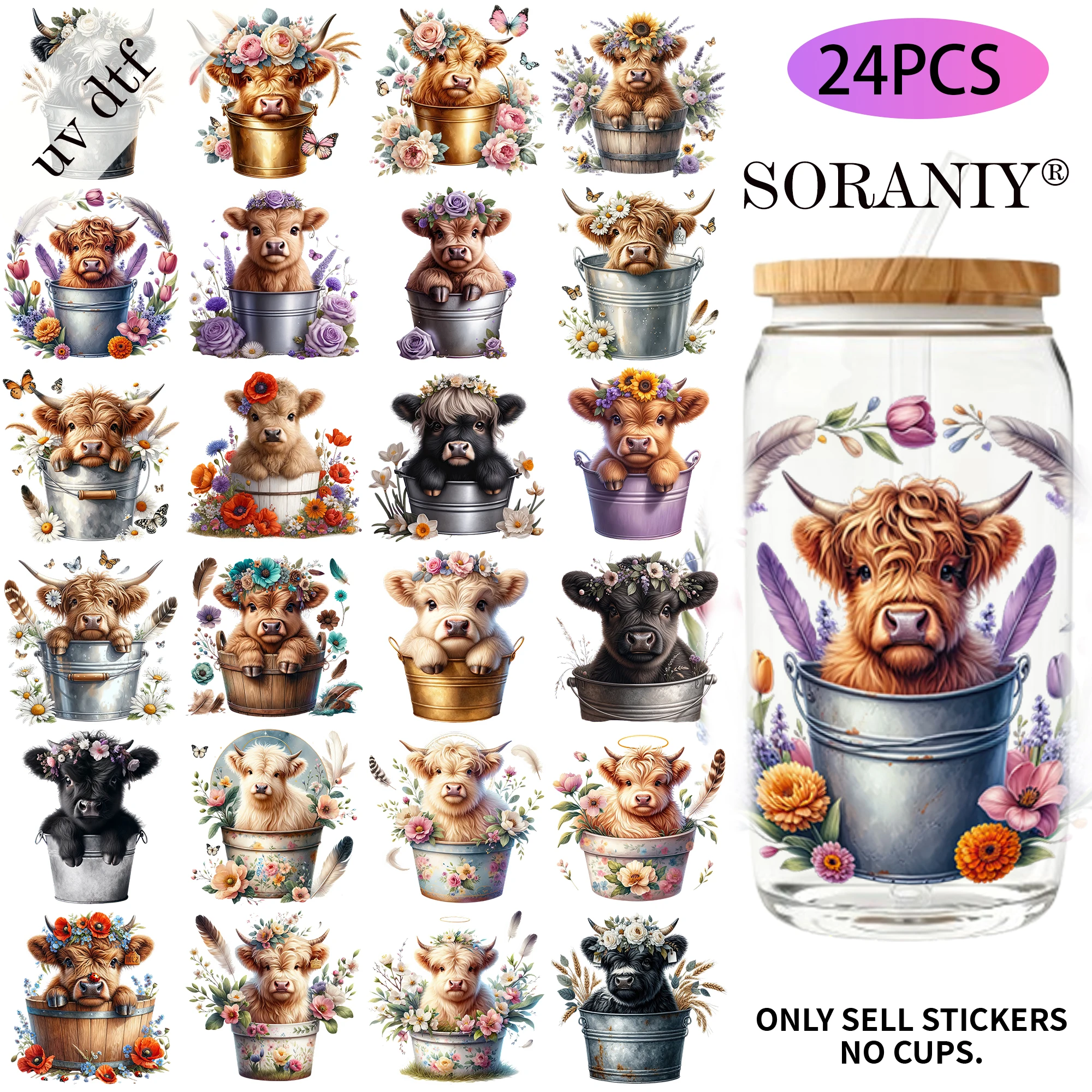 24PCS/Set Cute Highland Cows Themed UV DTF 16OZ DIY Transfer Sticker For 16OZ Water Bottles Glass