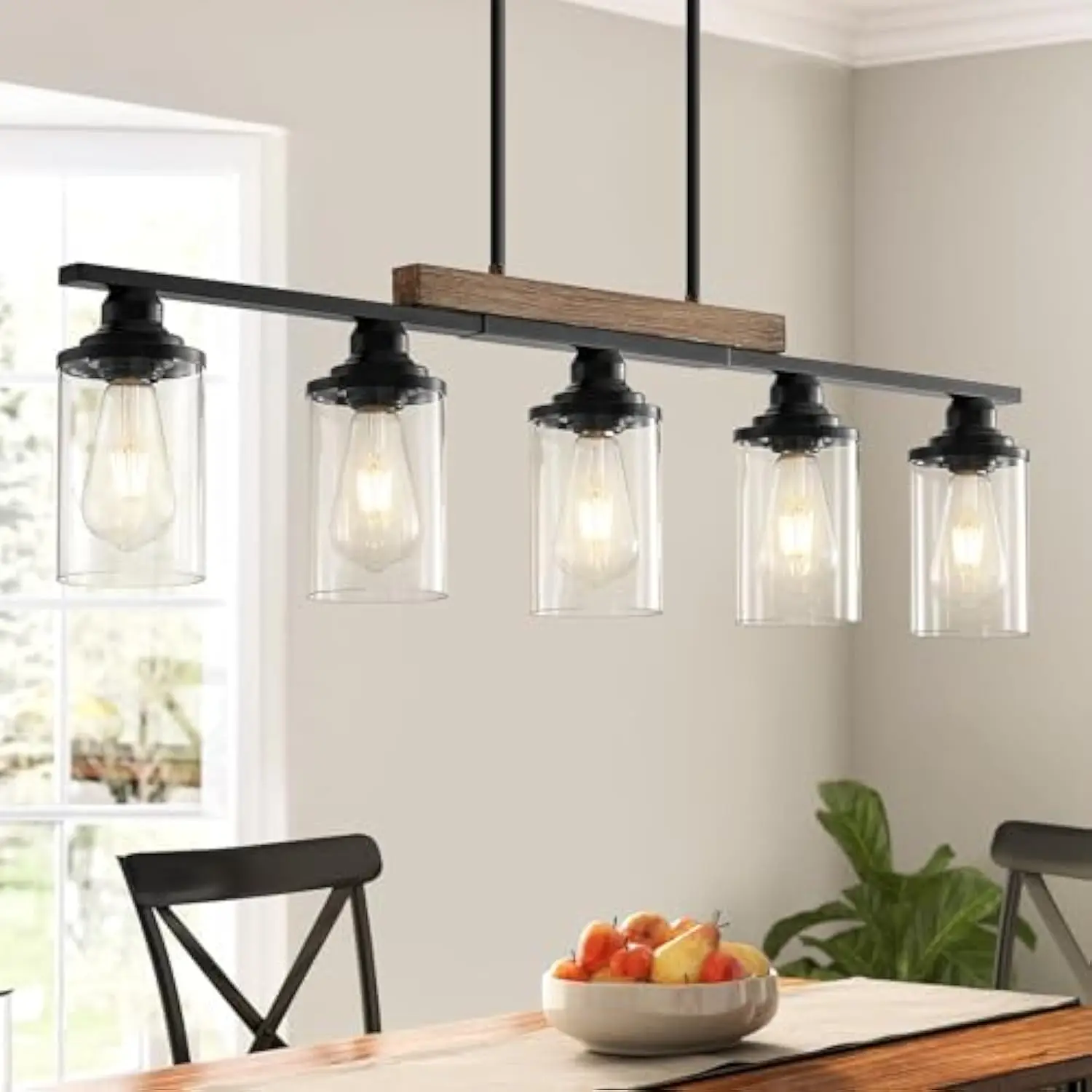 

5-Light Dining Room Light Fixture, Kitchen Island Lighting Over Table, Hanging Farmhouse Chandelier Linear Chandeliers, Black R